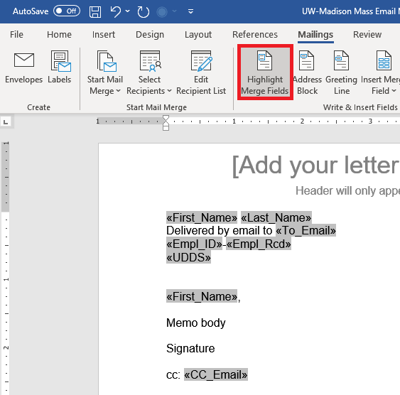 Screenshot of Word Mailings tab with Highlight Merge Fields option highlighted