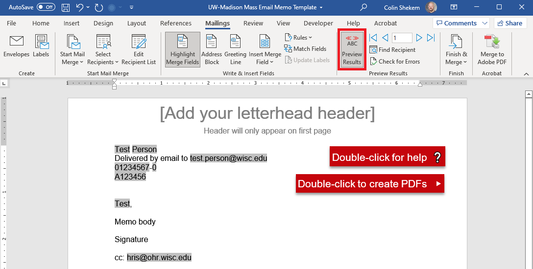 Screenshot of Word Mailings tab with Preview Results option highlighted