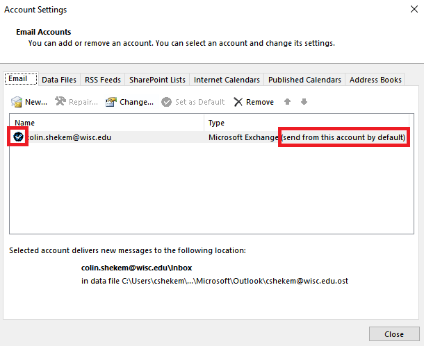 Screenshot of Outlook Account Settings window with default account indicators highlighted with red rectangle