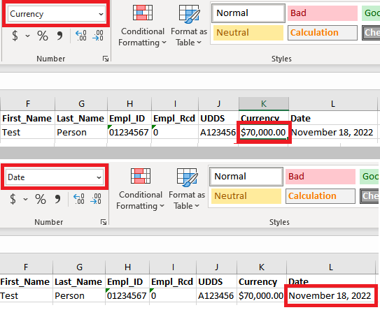 Screenshot of Excel spreadsheet with cells formatted as Currency and Date highlighted with red rectangle