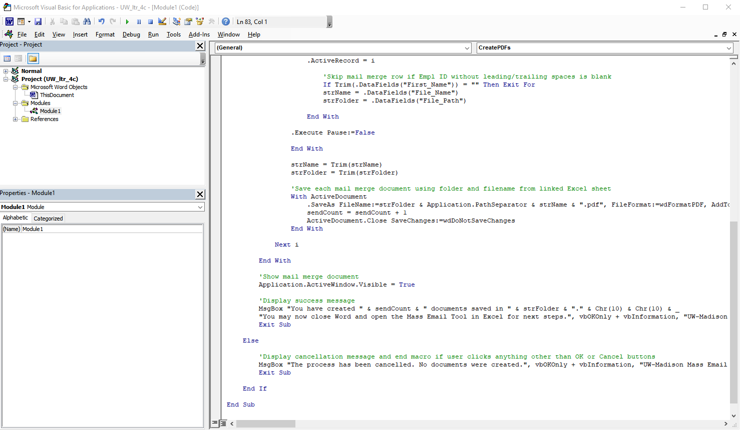 Screenshot of Create PDFs macro code in module