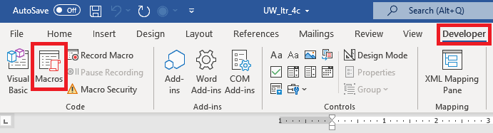 Screenshot of Developer tab in Word with Macros option highlighted with red rectangle