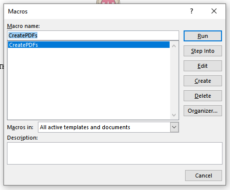 Screenshot of Macros window with CreatePDFs macro selected