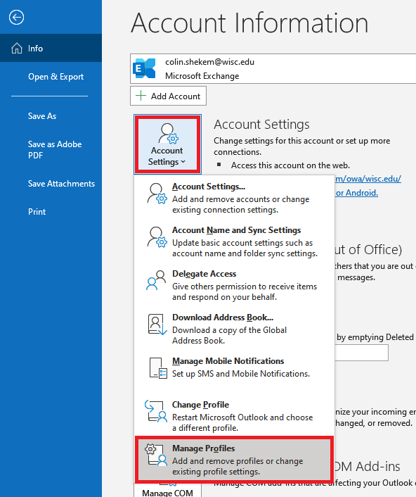 Screenshot of Outlook File menu with Manage Profiles option highlighted with red rectangle
