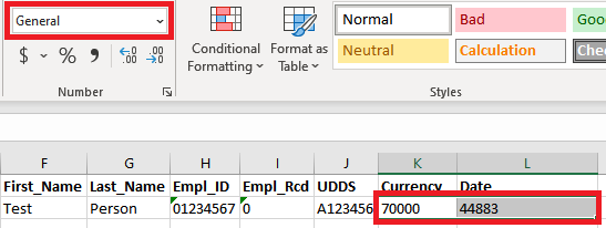 Screenshot of Excel spreadsheet with currency and date values in General format highlighted with red rectangle
