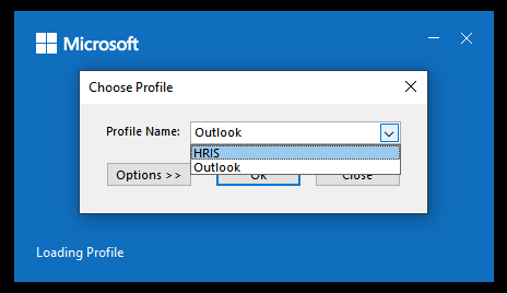 Screenshot of Outlook Choose Profile window with new HRIS profile selected