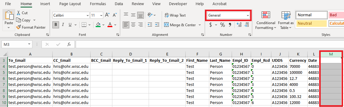 Screenshot of Excel spreadsheet with empty column and red rectangle highlighting General format
