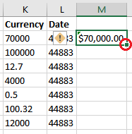 Screenshot of Excel spreadsheet with fill handle in bottom right of cell highlighted with red circle