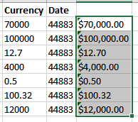 Screenshot of Excel spreadsheet with TEXT formula expanded to all rows to create currency format for all