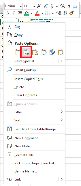 Screenshot of Excel right-click menu with Paste Option "Values" highlighted with red rectangle