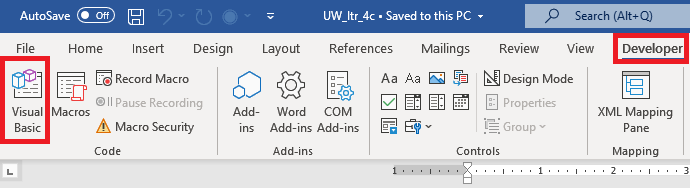 Screenshot of Developer tab in Word with Visual Basic option highlighted with red rectangle