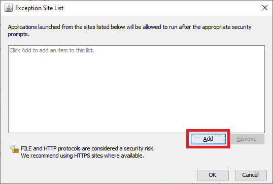 Java Security Exceptions Site List window with Add button highlighted with red rectangle