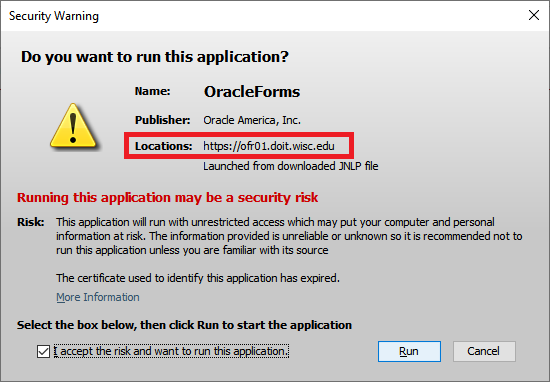 Java Security Warning with message "Do you want to run this application?" and UW-Madison application URL highlighted