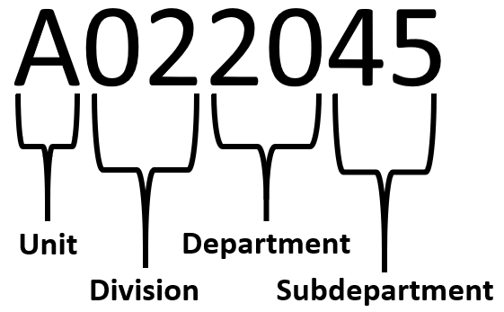 Diagram of UDDS A022045 showing specific Unit, Division, Department, and Subdepartment components