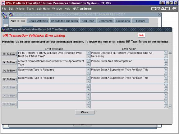 JEMS CHRIS HR Error check window JEMS CHRIS HR Error check window