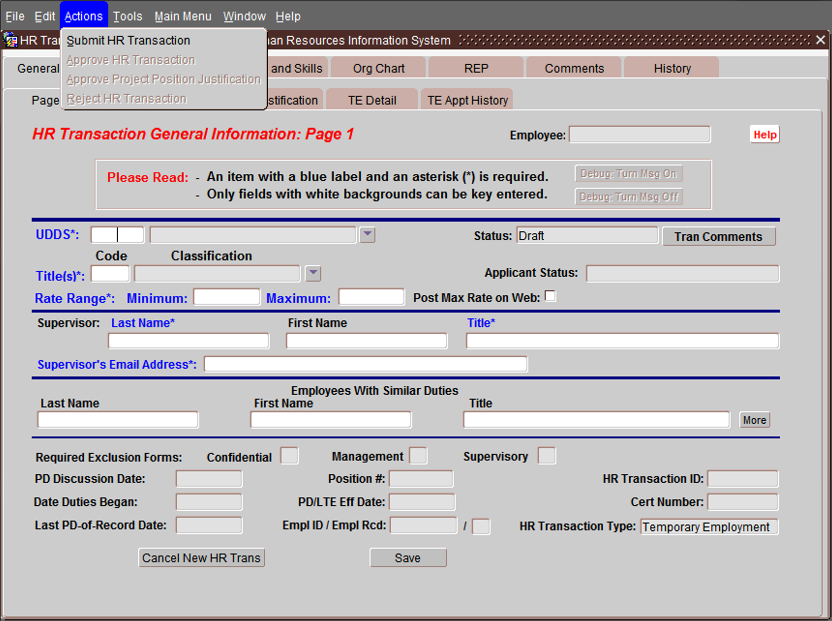 JEMS CHRIS Action dropdown JEMS CHRIS Action dropdown