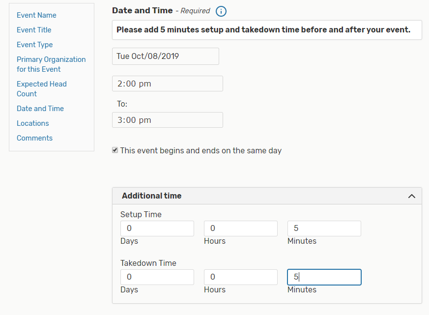 The Event Form requires you to first enter the start and end times of the first occurrence date of your event.