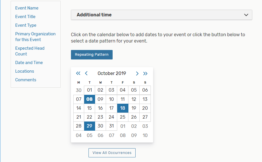 Select multiple dates on the calendar for events utilizing the Ad Hoc Repeating Pattern