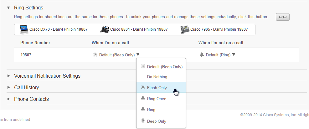 Ring settings screen
