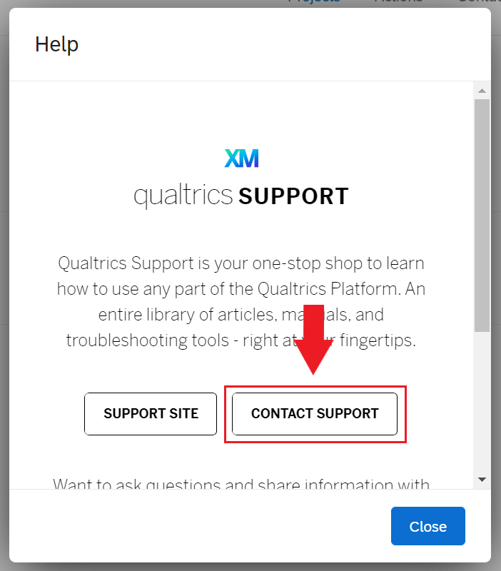 Arrow pointing to "Contact Support" button in pop-up window