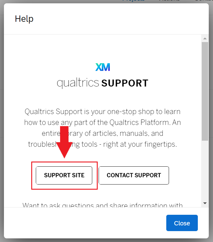 Arrow pointing to "Support Site" window in the pop-up window