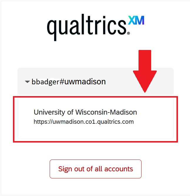 Menu showing logged in user's Qualtrics ID and their Qualtrics organizational ID