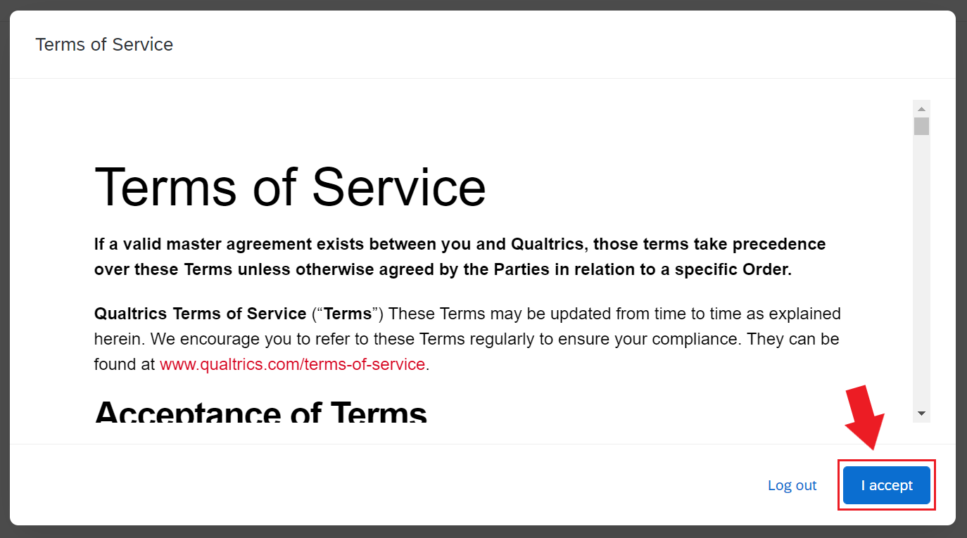 The Terms of Service with a "Log out" and "I accept" button