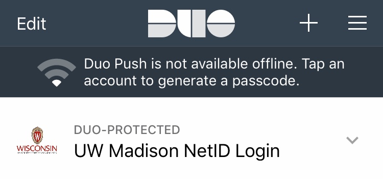 IMG_3808.jpg Duo Mobile app with entry for UW Madison NetID Login