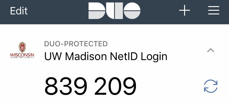 Expanded profile for the UW Madison NetID login entry with a six-digit passcode