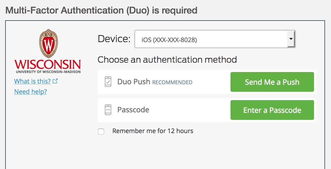 Duo authentication page with options to send push or enter passcode