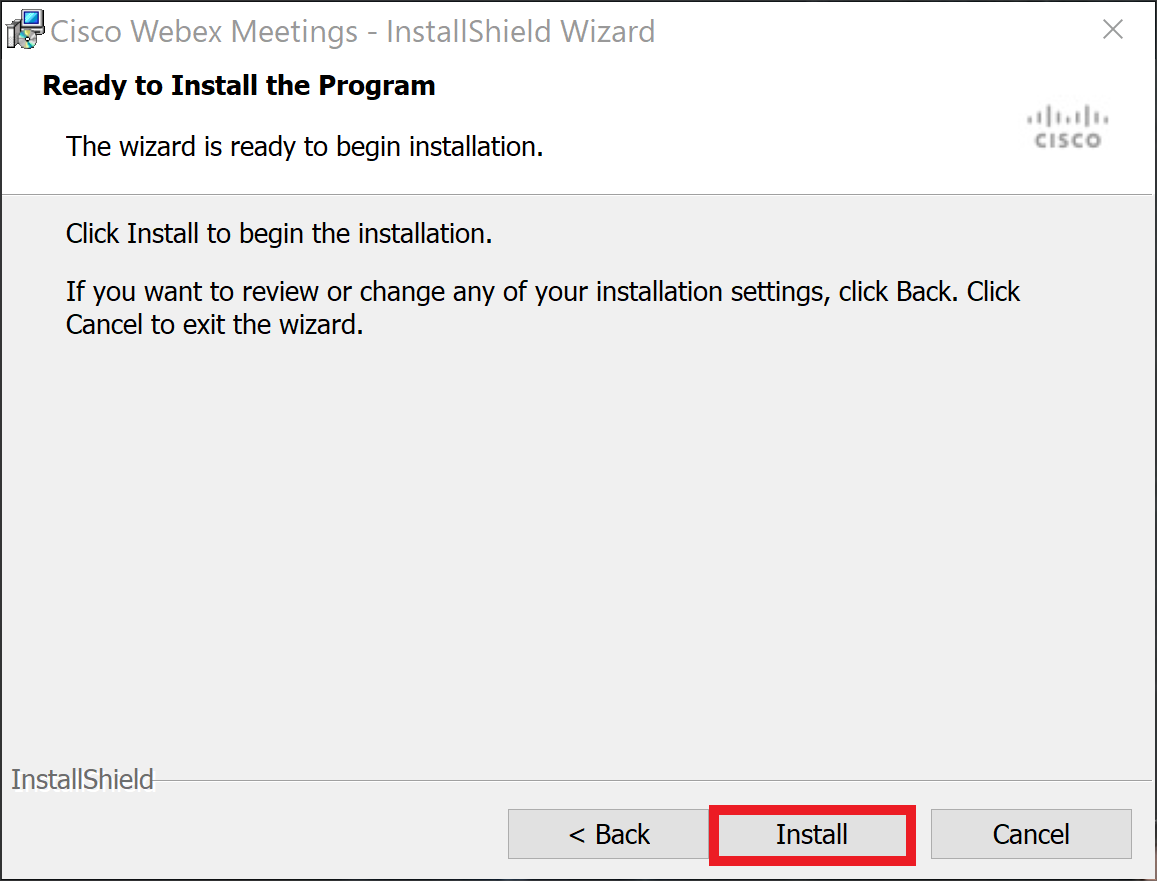 Webex Meetings Install - Install Screen