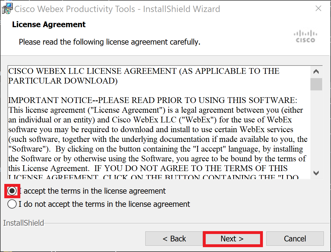 Webex Productivity Tools Install - EULA Screen