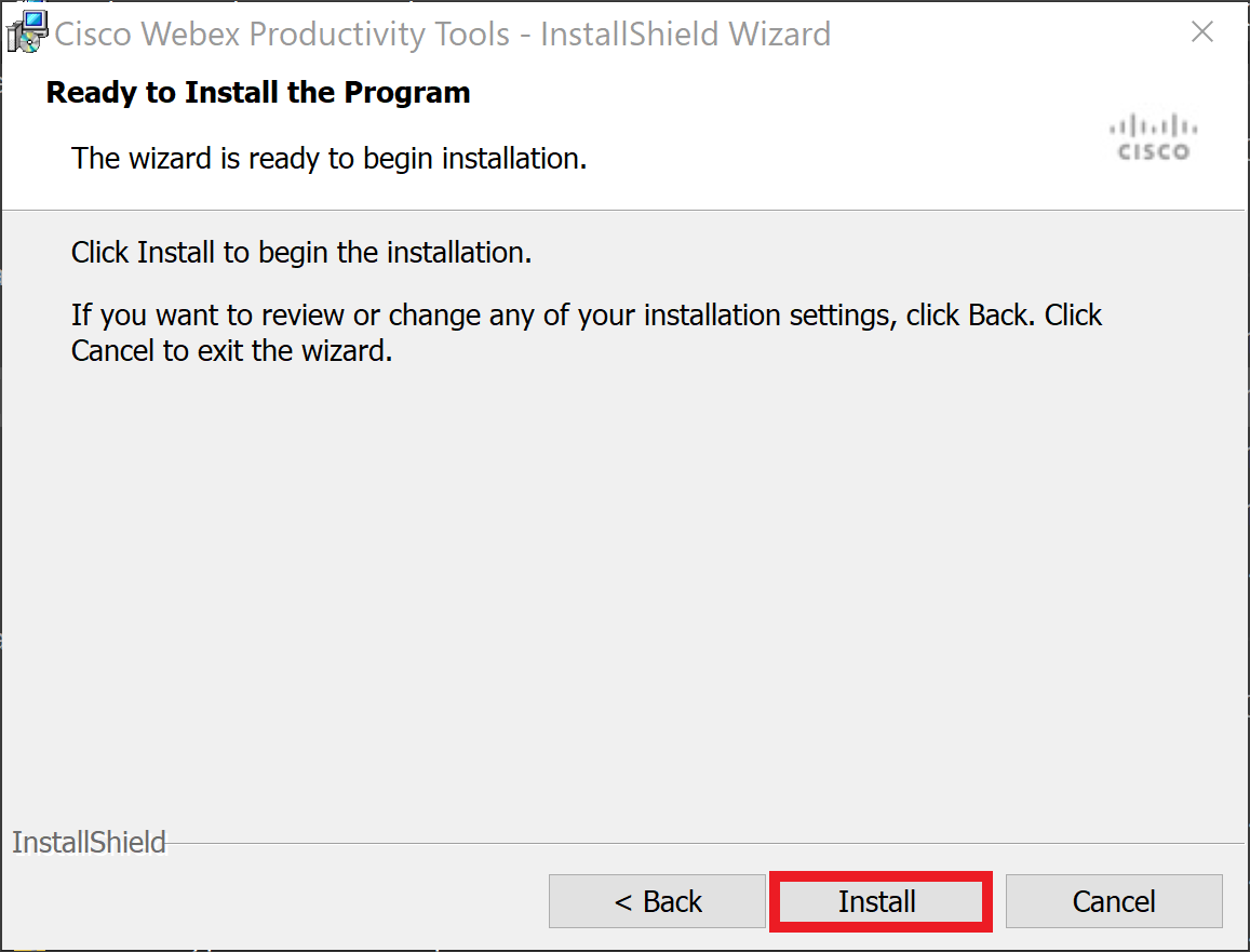 Webex Productivity Tools Install - Install Screen