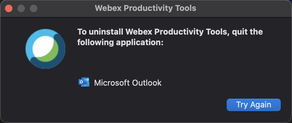 Webex Productivity Tools Uninstall - Outlook Is Open Message