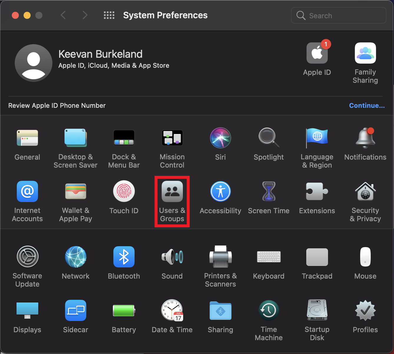 System Preferences Main View