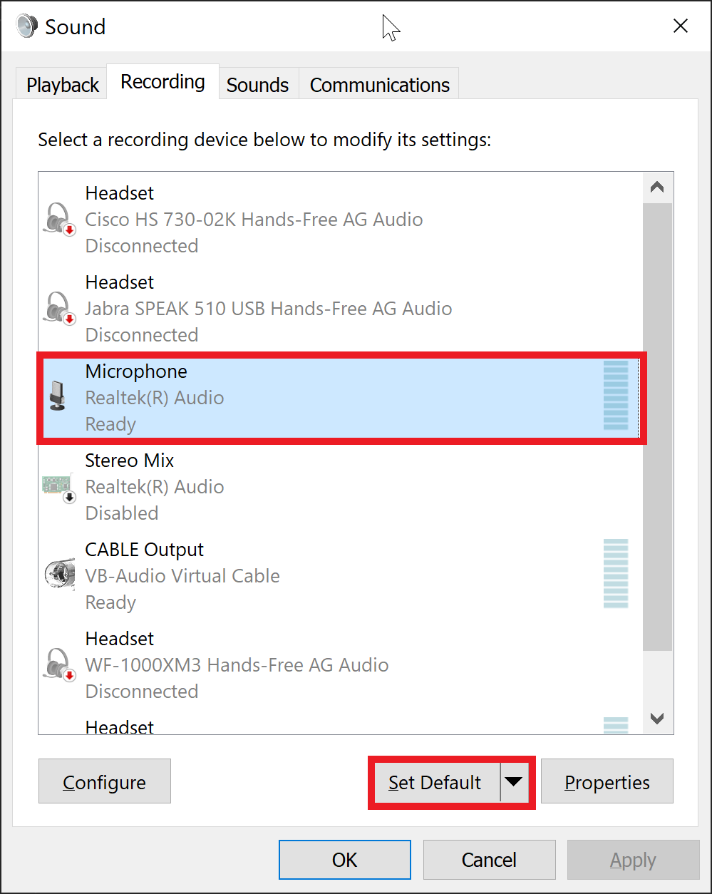 Windows Sounds Control Panel - Recording
