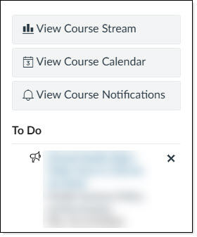 Upper right panel of course Home page. View Course stream is first button. View Course Calendar is second button. View Course Notifications is third button.