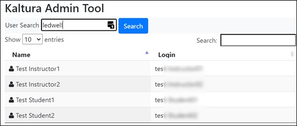 Kaltura Admin Tool - list of users matching a search query. Name and username are listed.