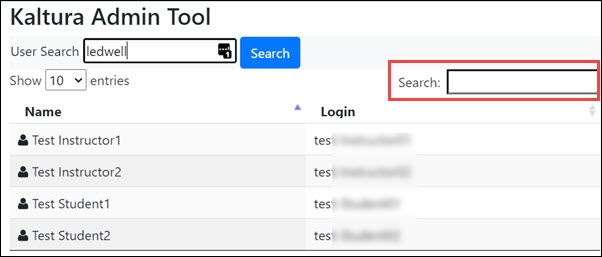 Kaltura Admin Tool user search results, with the additional Search filter text entry box highlighted.