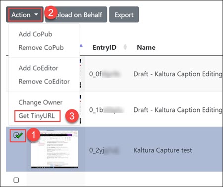 Kaltura Admin Tool video results list, with one single entry checked. The Actions drop-down menu is open, and the "TinyURL" option is highlighted.