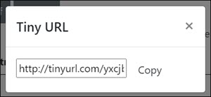 TinyURL popup with a shortened URL and a button labled "Copy"