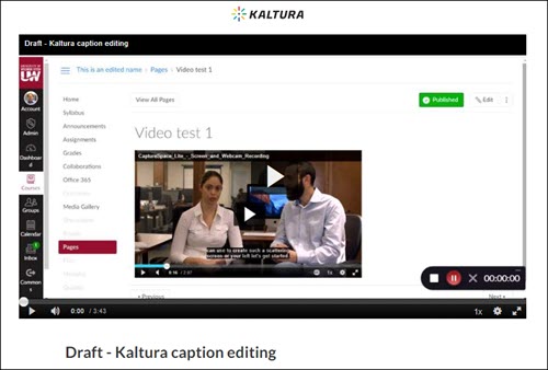 Standalone video page with the word "Kaltura" on the top, a sample video, and its title beneath.