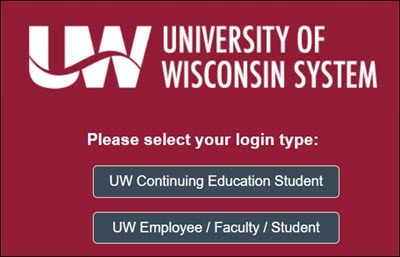 Continuing Education Login Screen with options for Continuing Education Student or UW Employee / Faculty / Student