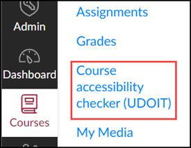 Canvas course navigation menu with "Cloud accessibility checker (UDOIT)" highlighted.