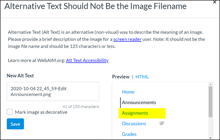 Popup window titled "Alternative Text should not be the Image Filename" with a Preview window for the Canvas course navigation and a "New Alt Text" text entry box.