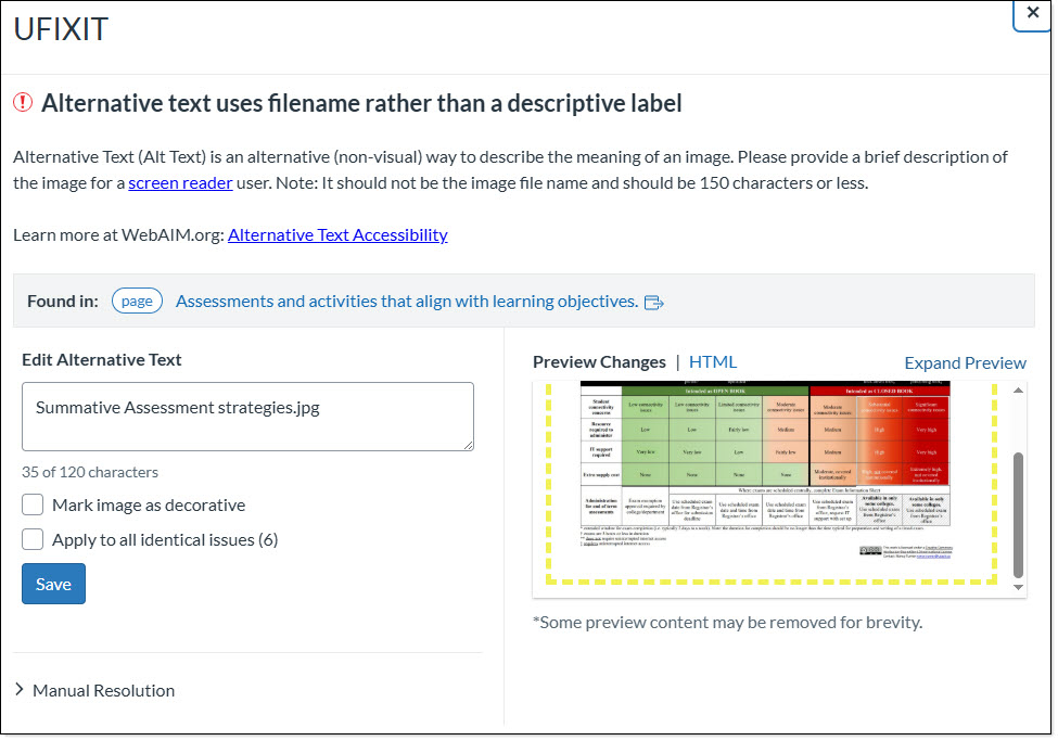 Example of UFIXIT Window, indicates location, current text, and preview areas.