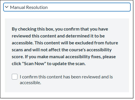 Manual resolution box allows instructor to indicate the alt text is accurate and to stop flagging issue in the future.