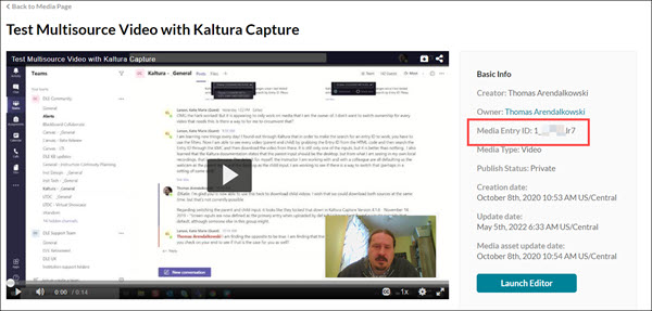 Kaltura My Media Edit page for video titled "Test Multisource Video with Kaltura Capture." The "Media Entry ID" field is highlighted.