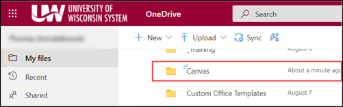 User's Microsoft OneDrive folder structure opened. A folder titled "Canvas" which was created "About a minute ago" is highlighted.