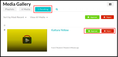 Kaltura Media Gallery with the Pending tab highlighted and the Approve and Deny buttons highlighted